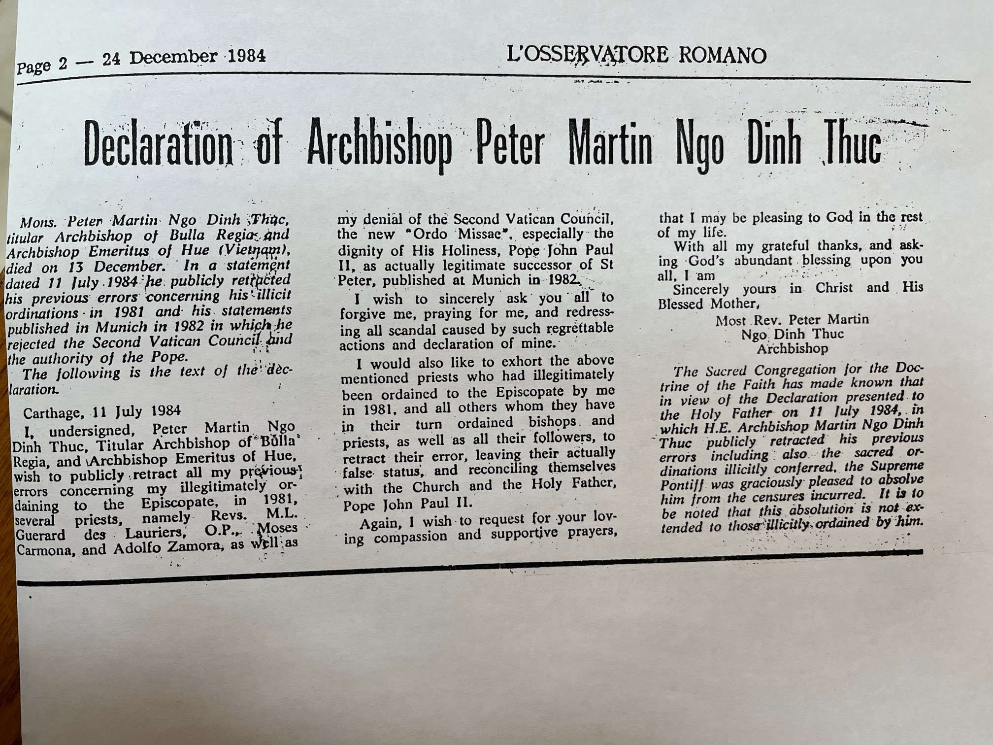 Declaration of Archbishop Peter Martin Ngo Dinh Thuc